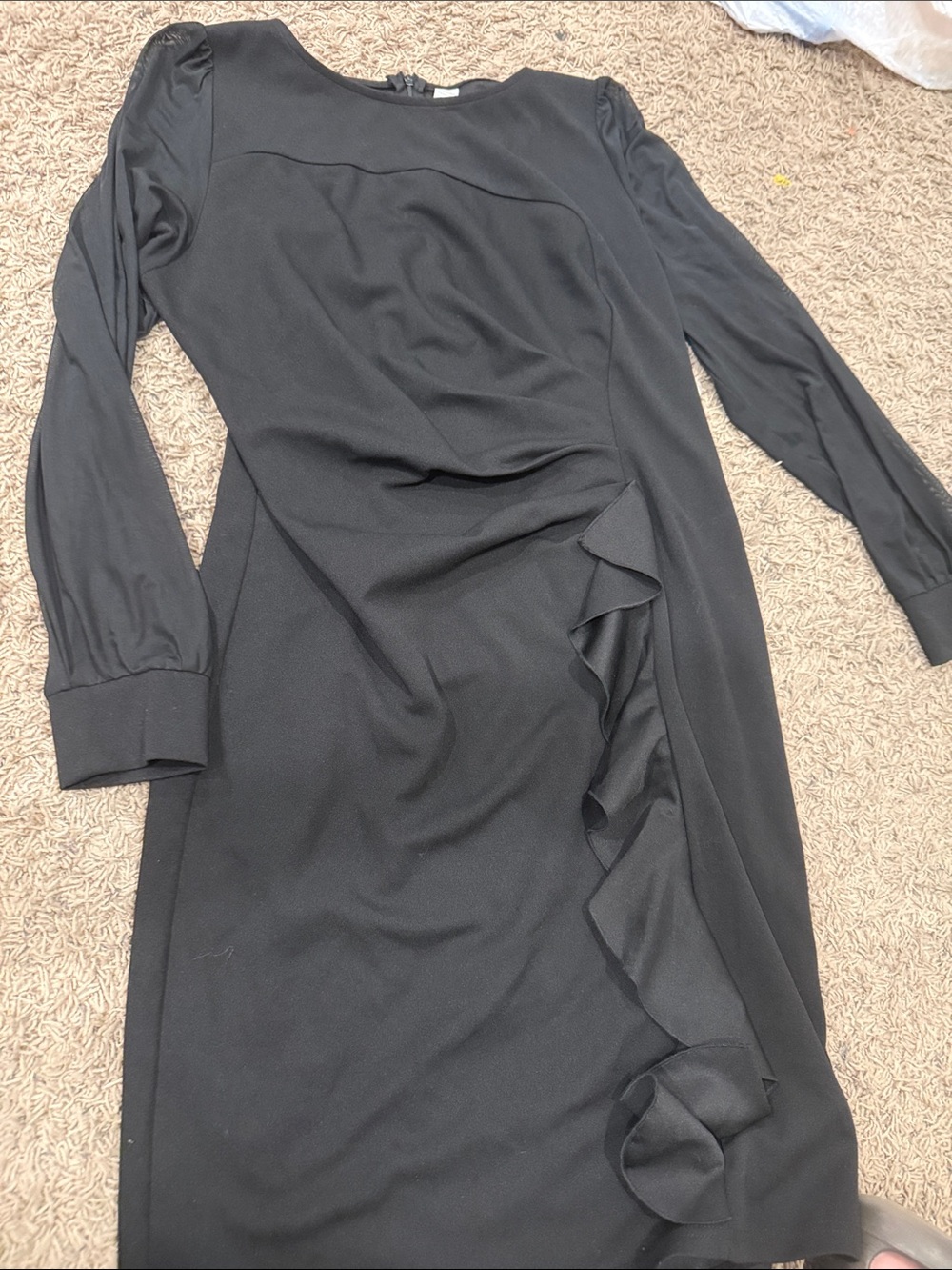 Classic Black Long-Sleeve Ruffle Detail Dress